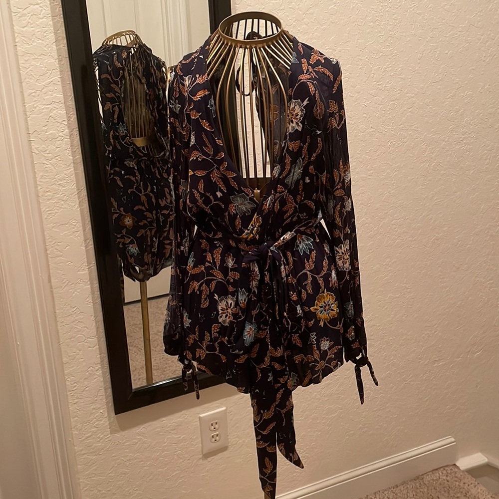 Navy Floral Romper Deep Front and Back V and Open Long Sleeves